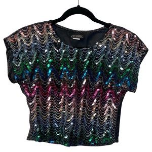 VTG disco rainbow sequins crop top size small, short sleeve vintage